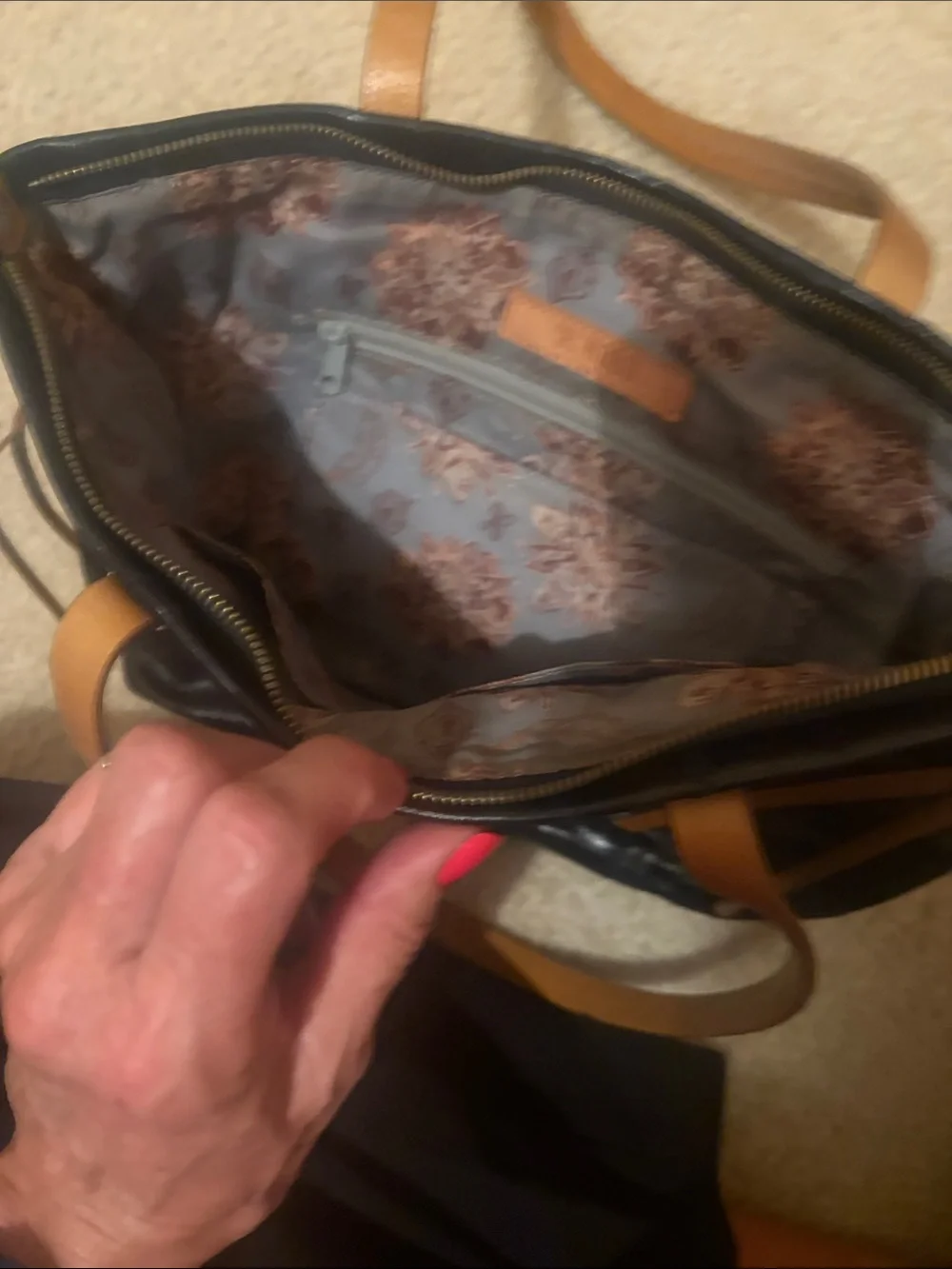 Hobo Black Leather Tote Bag with Tan Shoulder Straps